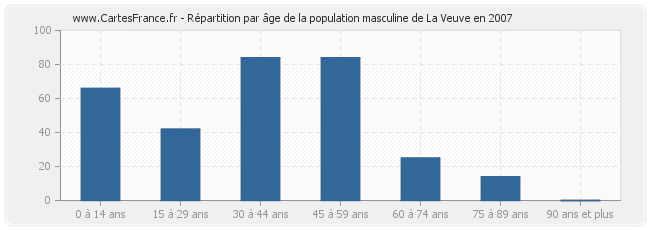 Répartition par âge de la population masculine de La Veuve en 2007